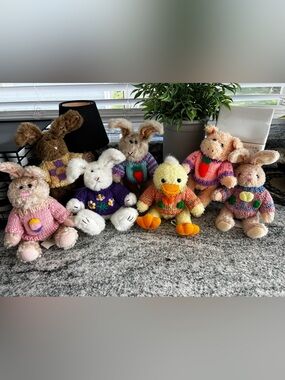 Vintage Chrisha Playful Plush Bunny, Duck,, Pig in Sweater Jointed Plush Animals